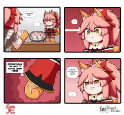 Rule 34 | 4girls, 4koma, alternate costume, anger vein, animal ear fluff, animal ears, animal hands, apron, bare shoulders, bell, blonde hair, blush stickers, cat paws, collar, comic, detached sleeves, english text, enmaided, fate/grand order, fate (series), fox ears, fox girl, fox tail, gloves, highres, japanese clothes, jingle bell, keita naruzawa, kimono, maid, maid apron, maid headdress, mini person, minigirl, multiple girls, neck bell, paw gloves, paw shoes, photo (object), pink hair, ponytail, red kimono, red ribbon, ribbon, speech bubble, square 4koma, sweat, tail, tamamo (fate), tamamo cat (fate), tamamo cat (first ascension) (fate), tamamo cat (second ascension) (fate)
