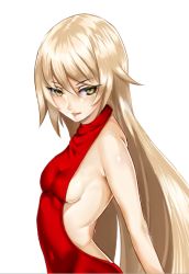 Rule 34 | 1girl, backless dress, backless outfit, bad id, bad pixiv id, bakemonogatari, blonde hair, breasts, dress, fang, from side, kiss-shot acerola-orion heart-under-blade, long hair, monogatari (series), mp0159, oshino shinobu, sideboob, simple background, sleeveless, small breasts, smile, solo, upper body, white background, yellow eyes