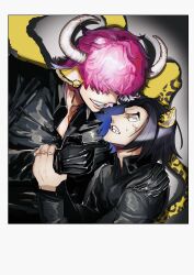 Rule 34 | 2boys, aged down, anger vein, angry, animal ears, black hair, clenched teeth, earrings, formal, hair over eyes, highres, horns, jaguar boy, jewelry, long hair, male focus, multiple boys, necktie, one piece, pink hair, rob lucci, smile, suit, tail, teeth, toteka yes, v-shaped eyebrows, who&#039;s who (one piece)