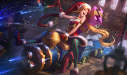 Rule 34 | 1girl, 6+others, ambitious elf jinx, bare arms, bare shoulders, blonde hair, blurry, boots, breasts, choker, christmas, closed eyes, creature, depth of field, dress, energy gun, fur-trimmed dress, fur-trimmed gloves, fur-trimmed shoes, fur trim, gloves, hat, indoors, jinx (league of legends), league of legends, long hair, long pointy ears, multiple others, official art, pointy ears, ray gun, red footwear, red gloves, red headwear, santa dress, santa hat, short dress, side ponytail, skinny, skirt, small breasts, smile, straddling, tagme, thighhighs, toy, toy train, weapon