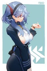 Rule 34 | 1girl, ako (blue archive), bell, blue archive, blue background, blue eyes, blue hair, blue headband, blue jacket, blue skirt, breasts, character name, checking watch, cowbell, gun, handgun, headband, highres, holstered, jacket, large breasts, long sleeves, outside border, shirt, short hair with long locks, sideboob, skirt, solo, tai (e3d1p), weapon, white shirt