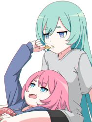 Rule 34 | 2girls, :d, bag of chips, black shorts, blue eyes, blue hoodie, chips (food), commentary request, drawstring, fang, feeding, food, green hair, grey shirt, highres, holding, holding food, honkai (series), honkai impact 3rd, hood, hood down, hoodie, liliya olenyeva, long hair, long sleeves, multiple girls, open mouth, pink hair, plasbott, potato chips, puffy long sleeves, puffy sleeves, rozaliya olenyeva, shirt, short eyebrows, short shorts, short sleeves, shorts, siblings, simple background, sisters, sleeves past wrists, smile, thick eyebrows, twins, very long hair, white background