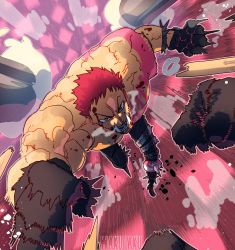 Rule 34 | 1boy, abs, artist name, artist request, attack, black gloves, charlotte katakuri, chest tattoo, epic, fangs, gloves, highres, looking at viewer, male focus, manly, motion lines, muscular, one piece, pectorals, punching, red hair, scar, scar on face, sharp teeth, short hair, solo, tattoo, teeth