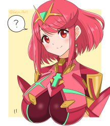 Rule 34 | 1girl, ?, absurdres, breasts, breasts day, chest jewel, highres, large breasts, pyra (xenoblade), red eyes, red hair, ryochan96154, short hair, smile, solo, swept bangs, xenoblade chronicles (series), xenoblade chronicles 2