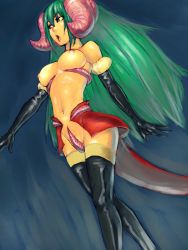 Rule 34 | 1girl, breasts, colored skin, elbow gloves, fumio (rsqkr), gloves, green hair, horns, long hair, monster girl, nipples, original, solo, thighhighs, topless, very long hair, yellow skin
