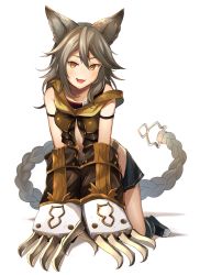 Rule 34 | 10s, 1girl, :3, :d, all fours, animal ears, animal hands, armband, black skirt, blush, breasts, cat ears, cat paws, claw (weapon), collarbone, erune, gloves, granblue fantasy, grey hair, hair between eyes, highres, kneeling, long hair, looking at viewer, midriff, miniskirt, open mouth, orange eyes, paw gloves, sen (granblue fantasy), shadow, shiba inu (happy13227), simple background, skirt, small breasts, smile, solo, tsurime, weapon, white background