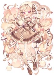 Rule 34 | 1girl, asymmetrical legwear, beret, blonde hair, blunt bangs, blunt ends, border, brown dress, brown footwear, brown ribbon, bubble tea, commentary, dress, drink, earrings, food, full body, gloves, hat, heart, holding, holding drink, hyou (pixiv3677917), jewelry, long hair, looking at viewer, low-tied long hair, macaron, mary janes, mismatched legwear, open mouth, original, polka dot, polka dot background, pom pom (clothes), pom pom earrings, puffy short sleeves, puffy sleeves, red eyes, ribbon, shoes, short sleeves, simple background, smile, solo, very long hair, white background, white gloves, yellow background, yellow hat, yellow theme