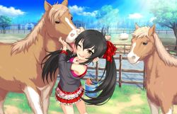 Rule 34 | 10s, 1girl, artist request, black hair, blitzen, faceless, faceless male, hair ribbon, horse, idolmaster, idolmaster cinderella girls, idolmaster cinderella girls starlight stage, jewelry, matoba risa, necklace, official art, one eye closed, open mouth, pendant, reindeer, ribbon, sheep, twintails, wavy mouth, yellow eyes