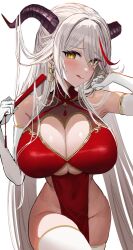 Rule 34 | 1girl, absurdres, aegir (azur lane), armpits, arms up, azur lane, blush, breasts, china dress, chinese clothes, cleavage, cleavage cutout, clothing cutout, demon horns, dress, folding fan, hand fan, highres, holding, holding own hair, horns, huge breasts, jewelry, kaki z3, kisaragi 1go, leg up, long hair, looking at viewer, looking to the side, no panties, red dress, red hair, solo, thighhighs, white background, white hair, white thighhighs, yellow eyes