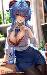 Rule 34 | 1girl, arm support, between breasts, black pantyhose, blue hair, blue skirt, bra, bra peek, breasts, can, cleavage, drink can, enma (enmanuelart), ganyu (genshin impact), genshin impact, goat horns, highres, horns, indoors, large breasts, long hair, looking at viewer, office lady, pantyhose, parted lips, partially unbuttoned, patreon logo, patreon username, red bra, shirt, shirt tucked in, sitting, skirt, sleeves rolled up, smile, soda can, solo, table, underwear, white shirt