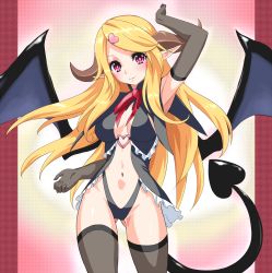 Rule 34 | 1girl, arm up, armpits, blonde hair, bochi (yamakan), bow, bowtie, breasts, center opening, demon girl, demon horns, demon tail, demon wings, eyelashes, highres, horns, leotard, long hair, looking at viewer, navel, original, pink eyes, pointy ears, red bow, red bowtie, solo, standing, stomach, tail, tetsuwan, wings