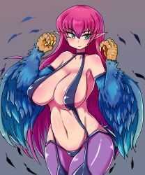 Rule 34 | 1girl, animal hands, bare shoulders, blue feathers, blue wings, blush, breasts, cameltoe, claws, cleft of venus, commentary request, duel monster, feathered wings, feathers, fox2key, garter straps, green eyes, hair between eyes, harpie lady, harpy, highres, large breasts, long hair, monster girl, navel, pink hair, pointy ears, revealing clothes, smile, solo, very long hair, winged arms, wings, yu-gi-oh!