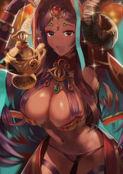 Rule 34 | 1girl, absurdres, animal ears, aqua eyes, bad id, bad pixiv id, breasts, bridal gauntlets, circlet, cleavage, dark-skinned female, dark skin, ears through headwear, egyptian clothes, eyeliner, eyeshadow, fate/grand order, fate (series), forehead jewel, gem, head chain, highres, jackal ears, jewelry, large breasts, looking at viewer, makeup, midriff, oil lamp, purple hair, queen of sheba (fate), revealing clothes, smile, solo, touhu (touhuumai)