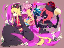 Rule 34 | 3girls, american flag dress, bing zizi, black dress, black shirt, blonde hair, chinese clothes, clothes writing, clownpiece, dress, earth (ornament), faceless, faceless female, fairy wings, flower, grin, hat, hecatia lapislazuli, highres, jester cap, junko (touhou), lily (flower), long hair, long sleeves, looking at viewer, moon (ornament), multiple girls, polka dot, profile, red eyes, red hair, shirt, short dress, simple background, sitting, smile, star (symbol), striped, t-shirt, tabard, touhou, wide sleeves, wings