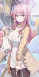 Rule 34 | 1girl, alternate costume, bag, black pantyhose, blue archive, blurry, blurry background, breasts, brown jacket, cleavage, collarbone, commentary request, convenience store, cowboy shot, flower, gradient eyes, hair bun, hair flower, hair ornament, halo, highres, holding, holding bag, jacket, jsscj, large breasts, long hair, low wings, mika (blue archive), multicolored eyes, open clothes, open jacket, open mouth, pantyhose, pink hair, pink halo, plastic bag, purple flower, shop, single hair bun, single side bun, smile, solo, sweater, white sweater, white wings, wings, yellow eyes
