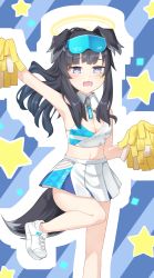 Rule 34 | 1girl, animal ears, bare arms, bare shoulders, black hair, blue archive, blue background, blush, breasts, cleavage, commentary request, diagonal stripes, dog ears, dog girl, dog tail, facial mark, feet out of frame, goggles, goggles on head, grey eyes, hibiki (blue archive), hibiki (cheer squad) (blue archive), highres, holding, long hair, looking at viewer, medium breasts, millennium cheerleader outfit (blue archive), nenosame, open mouth, outline, outstretched arm, pleated skirt, pom pom (cheerleading), shoes, skirt, solo, standing, standing on one leg, star (symbol), striped, striped background, tail, wavy mouth, white footwear, white outline, white skirt