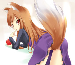 Rule 34 | 1girl, animal ears, apple, ass, bent over, clothes lift, cosplay, darker than black, dress, food, fruit, holding, holding food, holding fruit, holo, kuro (be ok), no panties, purple dress, skirt, skirt lift, solo, spice and wolf, tail, wolf ears, wolf tail, yin (cosplay), yin (darker than black)