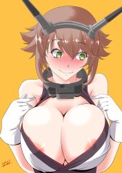 Rule 34 | 1girl, areola slip, bare shoulders, blush, breasts, brown hair, cleavage, collar, dated, embarrassed, flipped hair, gloves, green eyes, headgear, highres, kantai collection, kiriki haruomi, large breasts, mutsu (kancolle), nose blush, short hair, signature, simple background, solo, upper body, white gloves, yellow background