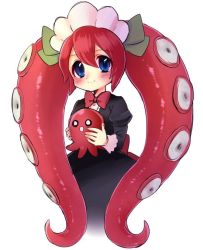 Rule 34 | 1girl, black dress, blue eyes, blush, bow, bowtie, child, closed mouth, dress, hair between eyes, headdress, holding, holding stuffed toy, juliet sleeves, kai himo, long dress, long hair, long sleeves, looking at viewer, original, puffy sleeves, red bow, red bowtie, red hair, simple background, smile, solo, stuffed animal, stuffed toy, suction cups, tentacle hair, twintails, very long hair, white background