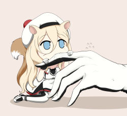 Rule 34 | 1girl, animal ears, beige background, beret, black gloves, black thighhighs, blonde hair, blue eyes, blush, chibi, dress, flying sweatdrops, gloves, hat, highres, kantai collection, long hair, mole, mole under eye, multicolored clothes, multicolored gloves, pom pom (clothes), richelieu (kancolle), shadow, solo, squirrel ears, squirrel tail, tail, thighhighs, white dress, white gloves, white hat, white thighhighs, yakuto007, yellow background