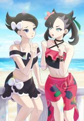 Rule 34 | 2girls, :o, arm support, beach, black hair, black shirt, blue eyes, bow, cloud, collarbone, commentary request, creatures (company), day, earrings, eyelashes, flower, game freak, green ribbon, hair bow, hair flower, hair ornament, hair ribbon, hand up, hands up, im i masa, index finger raised, jewelry, knees, marley (pokemon), marnie (pokemon), marnie (summer 2021) (pokemon), multiple girls, navel, nintendo, off-shoulder shirt, off shoulder, official alternate costume, outdoors, pink flower, pokemon, pokemon dppt, pokemon masters ex, ribbon, sand, sarong, shirt, shore, short hair, sitting, sky, swimsuit, water, white bow