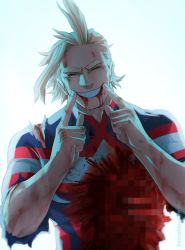Rule 34 | 1boy, all might, battle damage, blonde hair, blood, blood on clothes, blouse, boku no hero academia, censored, closed eyes, facing viewer, grin, guro, highres, injury, male focus, mosaic censoring, shirt, smile, solo, torn clothes, torn shirt, trevo (trevoshere), yagi toshinori