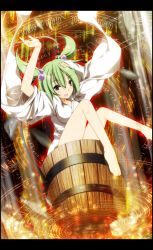 Rule 34 | 1girl, aged up, bad id, bad pixiv id, barefoot, border, bucket, female focus, green eyes, green hair, hair bobbles, hair ornament, highres, in bucket, in container, japanese clothes, kisume, legs, letterboxed, looking at viewer, magic circle, matching hair/eyes, open mouth, sakurame, smile, solo, touhou, twintails