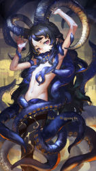 Rule 34 | 1girl, absurdres, akefumi, arms up, black hair, black pantyhose, blonde hair, covering privates, covering breasts, cthulhu mythos, expressionless, feet out of frame, flat chest, goat horns, highres, horns, long hair, looking at viewer, multicolored hair, navel, orange eyes, original, pantyhose, shub-niggurath, solo, suction cups, tentacle clothes, tentacles, two-tone hair, very long hair