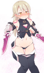 Rule 34 | 1girl, @ @, alternate hair length, alternate hairstyle, arm belt, bad id, bad pixiv id, bandaged arm, bandages, bare shoulders, belt, belt buckle, black belt, black gloves, black shirt, black thighhighs, blush, breasts, brown eyes, buckle, cleavage, cleavage cutout, clothing cutout, commentary request, cosplay, dagger, dual wielding, facial scar, fate/grand order, fate (series), fingerless gloves, gloves, hair between eyes, holding, holding dagger, holding knife, holding weapon, idolmaster, idolmaster cinderella girls, jack the ripper (fate/apocrypha), jack the ripper (fate/apocrypha) (cosplay), knife, light brown hair, long hair, lowleg, lowleg panties, morikubo nono, nose blush, panties, scar, scar across eye, scar on cheek, scar on face, shirt, shoulder tattoo, sleeveless, sleeveless shirt, small breasts, solo, sweat, tattoo, thighhighs, uccow, underwear, very long hair, weapon
