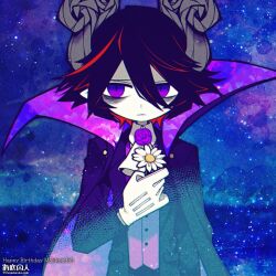 Rule 34 | 1boy, bags under eyes, birthday, black suit, blue background, cape, colored skin, flower, formal, funamusea, funamusea (artist), gloves, highres, holding, holding flower, male focus, night, night sky, official art, pointy ears, purple cape, purple eyes, purple hair, purple suit, satanick (funamusea), sky, solo, star (sky), star (symbol), starry background, starry sky, suit, white gloves, white skin