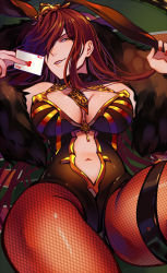 Rule 34 | 1girl, animal ears, breasts, brown eyes, brown hair, card, cleavage, crown, fake animal ears, fate/grand order, fate (series), fishnet pantyhose, fishnets, fur trim, grin, hair over one eye, hair up, long hair, lying, march ab, nail polish, navel, necktie, oda nobunaga (fate), oda nobunaga (maou avenger) (fate), on back, pantyhose, playboy bunny, playing card, rabbit ears, red nails, smile, solo, thigh strap
