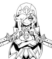 Rule 34 | 1girl, breasts, cape, closed mouth, cowboy shot, freckles, greyscale, gun, habit, hair over one eye, holding, holding gun, holding weapon, league of legends, long hair, medium breasts, miss fortune (league of legends), monochrome, phantom ix row, simple background, smile, solo, weapon, white background