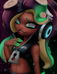 Rule 34 | 1girl, absurdres, arm at side, bare arms, bare shoulders, bioluminescence, breasts, cephalopod eyes, cleavage, collared vest, colored skin, crop top, cropped vest, dark-skinned female, dark skin, glowing, glowing skin, green eyes, green hair, green skin, hand on own chest, hand up, headphones, high collar, highres, lips, long hair, looking at viewer, marina (splatoon), midriff, mole, mole under mouth, multicolored hair, multicolored skin, nintendo, no gloves, octoling, parted lips, pink pupils, purple hair, reagan long, smile, solo, splatoon (series), splatoon 2, stomach, suction cups, tentacle hair, two-tone skin, unzipped, upper body, vest, zipper, zipper pull tab