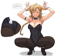 Rule 34 | 1girl, alternate costume, animal ears, arknights, armpits, arms up, ass, bare shoulders, black bow, black bowtie, black leotard, black pantyhose, blonde hair, blush, bow, bowtie, braid, braided ponytail, breasts, cleavage, close-up, closed eyes, covered navel, detached collar, embarrassed, english text, facing viewer, fangs (fangs art), full body, groin, high heels, kroos (arknights), kroos the keen glint (arknights), legs, leotard, long hair, medium breasts, multiple views, open mouth, pantyhose, rabbit ears, rabbit girl, rabbit pose, rabbit tail, simple background, skin tight, skindentation, smile, solo, spread legs, squatting, tail, teeth, thigh strap, thighs, upper teeth only, very long hair, white background, wrist cuffs
