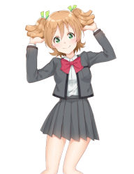 Rule 34 | 1girl, arms up, bad id, bad pixiv id, blush, bow, breast pocket, breasts, closed mouth, collared shirt, commentary request, daiba nana, green eyes, green ribbon, grey jacket, grey skirt, hair between eyes, hair ribbon, highres, jacket, leaning to the side, light brown hair, long sleeves, pleated skirt, pocket, red bow, reina (leinqchqn), ribbon, shirt, short hair, shoujo kageki revue starlight, simple background, skirt, small breasts, smile, solo, two side up, white background, white shirt
