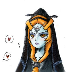 Rule 34 | blue skin, blush, colored skin, frown, hair ornament, heart, hood, jewelry, midna, midna (true), nintendo, orange eyes, orange hair, ornament, pout, pouting, pouty lips, purple lips, red eyes, simple background, solo, spoilers, the legend of zelda, the legend of zelda: twilight princess, thin eyebrows, white background, yellow eyes