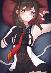 Rule 34 | 1girl, absurdres, ahoge, armpits, black gloves, blue eyes, braid, brown hair, chest harness, closed mouth, covered navel, cowboy shot, gloves, hair flaps, harness, highres, kantai collection, kazama gorou, long hair, looking at viewer, necktie, red necktie, shigure (kancolle), shigure kai san (kancolle), single braid, solo