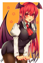 Rule 34 | 1girl, ascot, bat wings, black pantyhose, blush, breasts, cowboy shot, hair between eyes, head wings, highres, koakuma, leaning forward, long hair, looking at viewer, medium breasts, open mouth, pantyhose, red ascot, red eyes, red hair, simple background, skirt, solo, tomo asa (confetto-o), touhou, very long hair, wings
