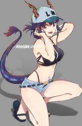 Rule 34 | 1girl, arknights, baseball cap, ch&#039;en (arknights), ch'en (arknights), dragon horns, dragon tail, female tourist c (arknights), hat, highres, horns, kneeling, midriff, official alternate costume, on one knee, purple hair, red eyes, saitou kengo, short shorts, shorts, simple background, solo, tail