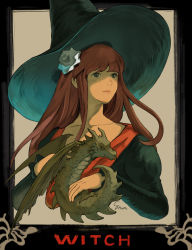 Rule 34 | 1girl, brown hair, cropped torso, dragon, english text, fantasy, flower, green eyes, hair flower, hair ornament, hat, long hair, long sleeves, muraicchi (momocchi), original, puffy long sleeves, puffy sleeves, solo, witch, witch hat