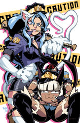 Rule 34 | 2girls, :3, alternate costume, animal ears, animal hands, artist name, baseball bat, blue hair, blush, boots, capcom, cat ears, cat girl, cat tail, cigarette, claws, dark-skinned female, dark skin, disembodied head, fang, felicia (vampire), fingerless gloves, gloves, hand on own hip, head on hand, heart, heart tail, holding head, holster, long hair, looking at viewer, mike luckas, miniskirt, ms. fortune (skullgirls), multiple girls, nail, nail bat, open clothes, over shoulder, police, police uniform, ponytail, scar, short hair, short shorts, shorts, skirt, skullgirls, spread legs, squatting, tail, thigh boots, thigh strap, thighhighs, uniform, vampire (game), weapon, weapon over shoulder, white hair