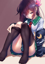 Rule 34 | 1girl, absurdres, ass, black cardigan, black thighhighs, breasts, brown hair, cardigan, closed mouth, collarbone, commentary request, crescent, crescent pin, empty eyes, eyebrows, feet, full body, gluteal fold, green skirt, hair ornament, hair over one eye, hairpin, half-closed eye, hand on floor, hand on leg, head tilt, highres, kantai collection, kisaragi (kancolle), kisaragi kai ni (kancolle), leaning, long hair, long sleeves, medium breasts, neckerchief, off shoulder, pleated skirt, purple eyes, red neckerchief, removing legwear, school uniform, serafuku, sidelocks, simple background, sitting, skirt, solo, thighhighs, thighhighs pull, toes, two-tone background, undressing, zombie mogura