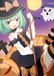Rule 34 | 1girl, :d, absurdres, bare shoulders, black dress, black hat, bow, center frills, commentary request, detached sleeves, double bun, dress, fang, frilled dress, frills, full moon, ghost, green hair, hair bun, halloween, hat, highres, hololive, jack-o&#039;-lantern, jiu (sdesd3205), juliet sleeves, long sleeves, looking at viewer, moon, open mouth, orange bow, pleated dress, puffy sleeves, red eyes, smile, solo, strapless, strapless dress, striped bow, striped clothes, striped thighhighs, thighhighs, uruha rushia, vertical stripes, virtual youtuber, white sleeves, witch hat