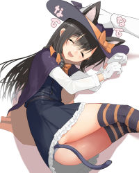 Rule 34 | 1girl, animal ears, asashio (kancolle), ass, black hair, blush, bow, bowtie, buttons, cape, cat ears, cat tail, closed eyes, commentary, dress, gloves, hair between eyes, hand on another&#039;s head, hat, headpat, highres, kantai collection, kuronaga, long hair, long sleeves, lying, neck ribbon, official alternate costume, on side, open mouth, panties, pinafore dress, pleated skirt, ribbon, school uniform, searchlight, shirt, simple background, skirt, sleeveless, sleeveless dress, smile, solo, solo focus, tail, thighhighs, thighs, underwear, white background, white gloves, witch hat
