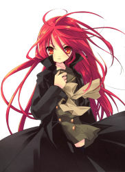 Rule 34 | 00s, 1girl, absurdres, alastor (shakugan no shana), coat, expressionless, hand on own chest, highres, incredibly absurdres, ito noizi, jewelry, long hair, necklace, pendant, red eyes, red hair, school uniform, shakugan no shana, shana, skirt, solo, thighhighs, very long hair, zettai ryouiki