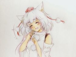 Rule 34 | +++, 1girl, animal ears, closed eyes, colored pencil (medium), commentary, detached sleeves, facing viewer, hat, head tilt, highres, inubashiri momiji, laughing, medium hair, open mouth, pom pom (clothes), q-bee (aaru), shirt, sleeveless, sleeveless shirt, smile, solo, tokin hat, touhou, traditional media, upper body, white hair, white shirt, white sleeves, wolf ears