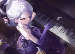 Rule 34 | 1girl, absurdres, black horns, blue archive, blush, closed mouth, demon horns, demon wings, dress, elbow gloves, gloves, grey hair, highres, hina (blue archive), hina (dress) (blue archive), horns, instrument, long hair, lunel, multiple horns, official alternate costume, official alternate hairstyle, piano, piano keys, purple dress, purple eyes, purple gloves, purple wings, single elbow glove, solo, strapless, strapless dress, wings
