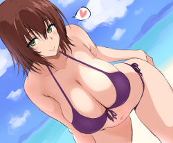 Rule 34 | 1girl, bad id, bad pixiv id, bare shoulders, beach, bikini, blue sky, breasts, brown hair, cleavage, clenched hand, collarbone, dutch angle, front-tie top, green eyes, hair between eyes, halterneck, hand on own ass, heart, highres, large breasts, leaning forward, looking at viewer, mature female, medium hair, mhs, mikado ryouko, ocean, sand, shore, side-tie bikini bottom, sky, smile, solo, swimsuit, to love-ru, water