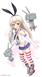 Rule 34 | 10s, 1girl, animal ears, ankle boots, arm behind head, black neckerchief, black panties, blonde hair, blue skirt, boots, crop top, elbow gloves, fake animal ears, full body, gloves, grey eyes, grey footwear, hair ribbon, highleg, highleg panties, kantai collection, kisaragi miyu, long hair, looking at viewer, microskirt, neckerchief, open mouth, panties, pleated skirt, rabbit ears, red thighhighs, rensouhou-chan, ribbon, school uniform, serafuku, shimakaze (kancolle), shirt, skirt, sleeveless, sleeveless shirt, smile, standing, striped clothes, striped thighhighs, thighhighs, underwear, watermark, web address, white background, white gloves