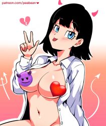 Rule 34 | 1girl, black hair, blue eyes, blush, breasts, censored, collared shirt, demon horns, demon tail, dragon ball, dragon ball super, emoji, emoji censor, female focus, heart, highres, horns, looking at viewer, medium breasts, navel, no bra, open clothes, open shirt, pea-bean, shirt, solo, tagme, tail, thick thighs, thighs, tongue, tongue out, videl, w, white shirt